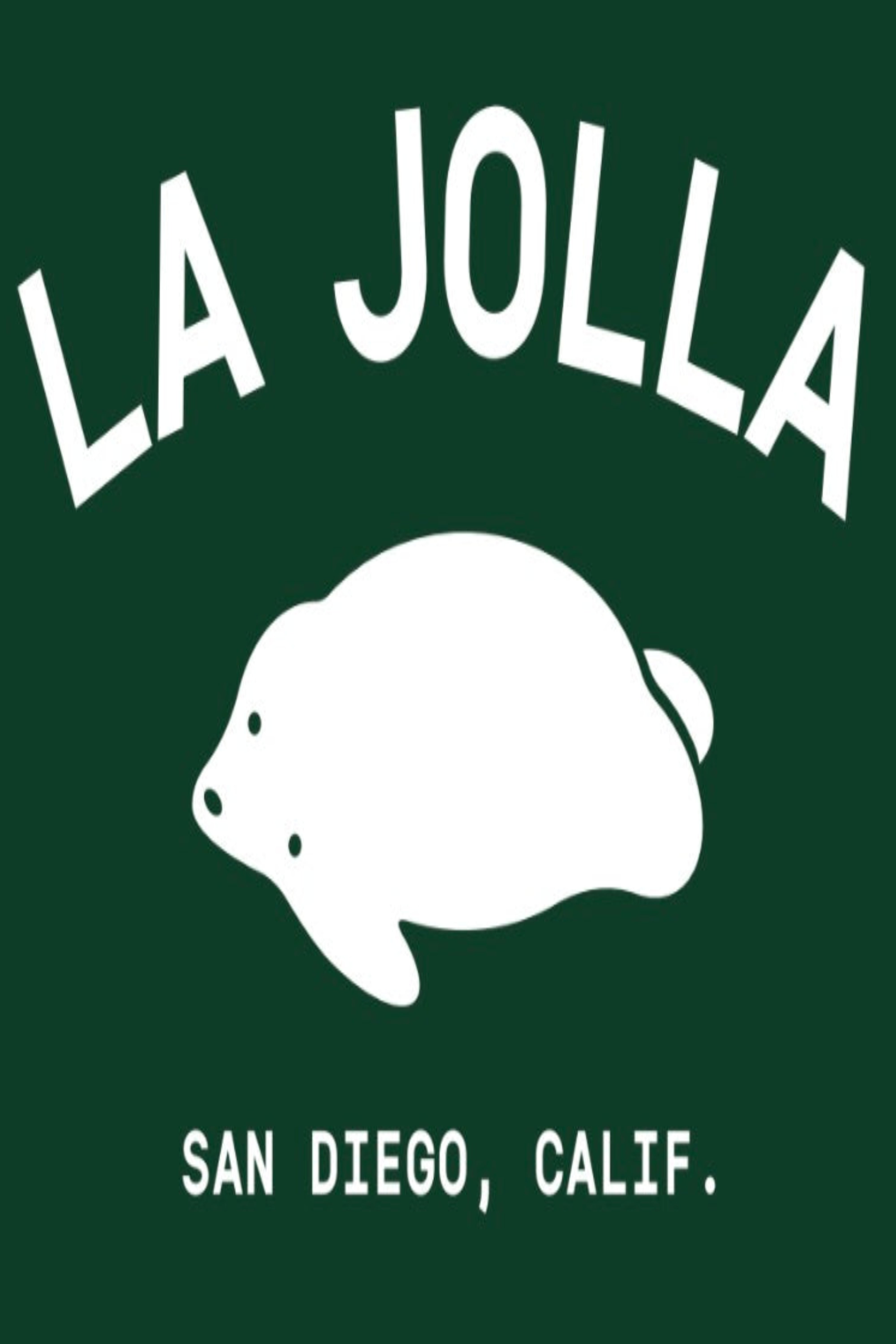 Logo with 'La Jolla' and a seal illustration on a green background